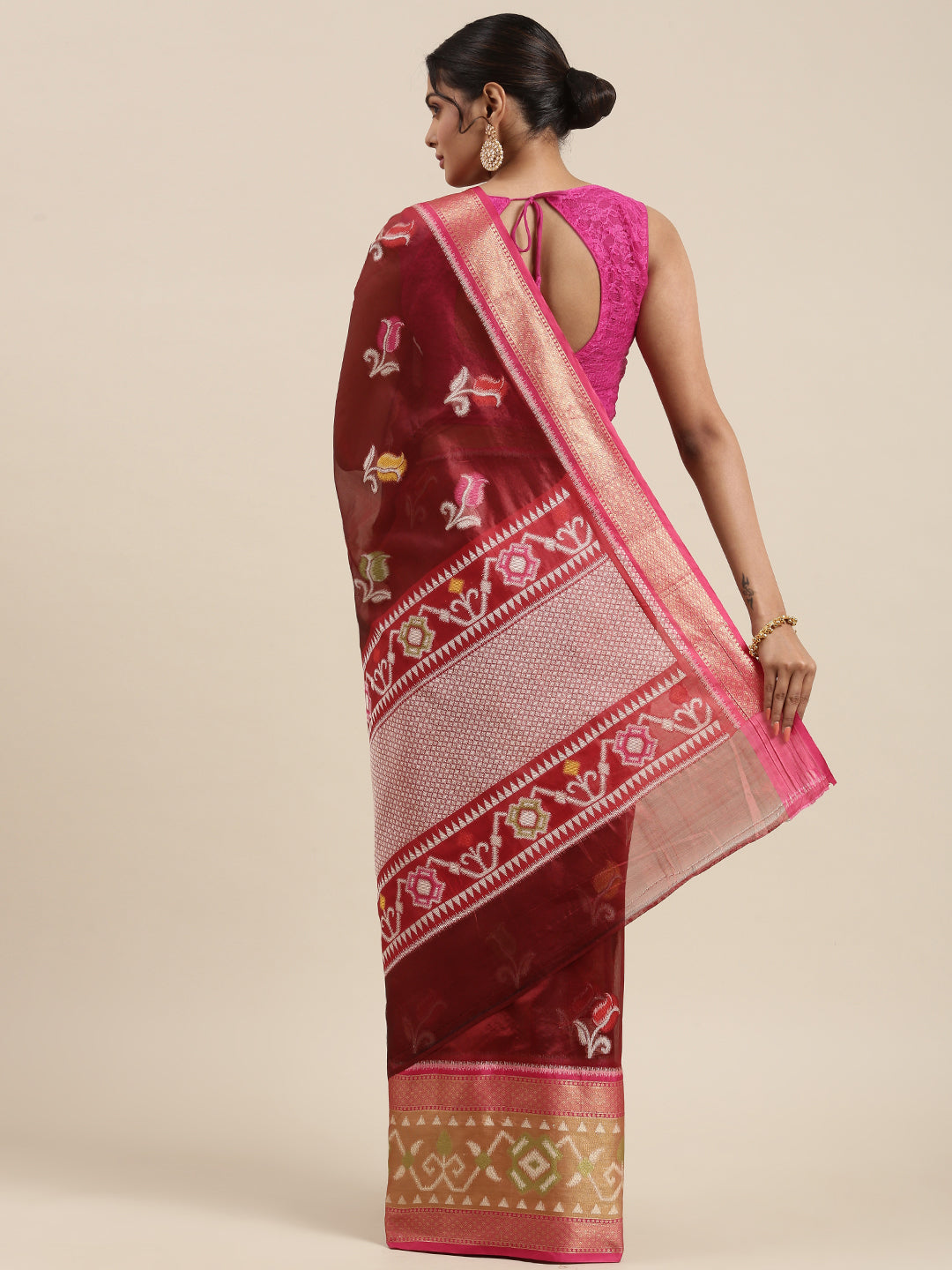 Faishana Presents Maroon & Pink Ikkat Patola Art Silk Kanchi Pattu Border With Pink Blouse Banarasi Saree