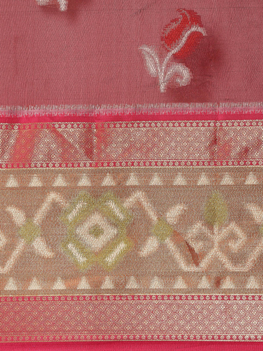 Faishana Presents Maroon & Pink Ikkat Patola Art Silk Kanchi Pattu Border With Pink Blouse Banarasi Saree