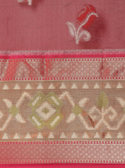 Faishana Presents Maroon & Pink Ikkat Patola Art Silk Kanchi Pattu Border With Pink Blouse Banarasi Saree