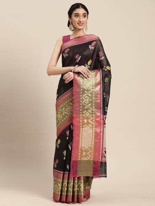 Faishana Presents Black & Magenta Ikkat Patola Art Silk Kanchi Pattu Border With Magenta Blouse Banarasi Saree