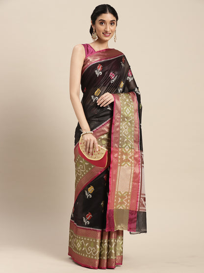 Faishana Presents Black & Magenta Ikkat Patola Art Silk Kanchi Pattu Border With Magenta Blouse Banarasi Saree