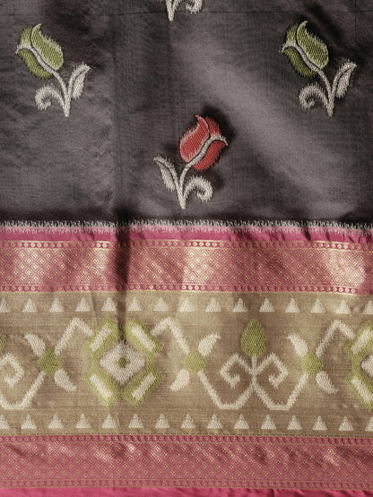 Faishana Presents Black & Magenta Ikkat Patola Art Silk Kanchi Pattu Border With Magenta Blouse Banarasi Saree