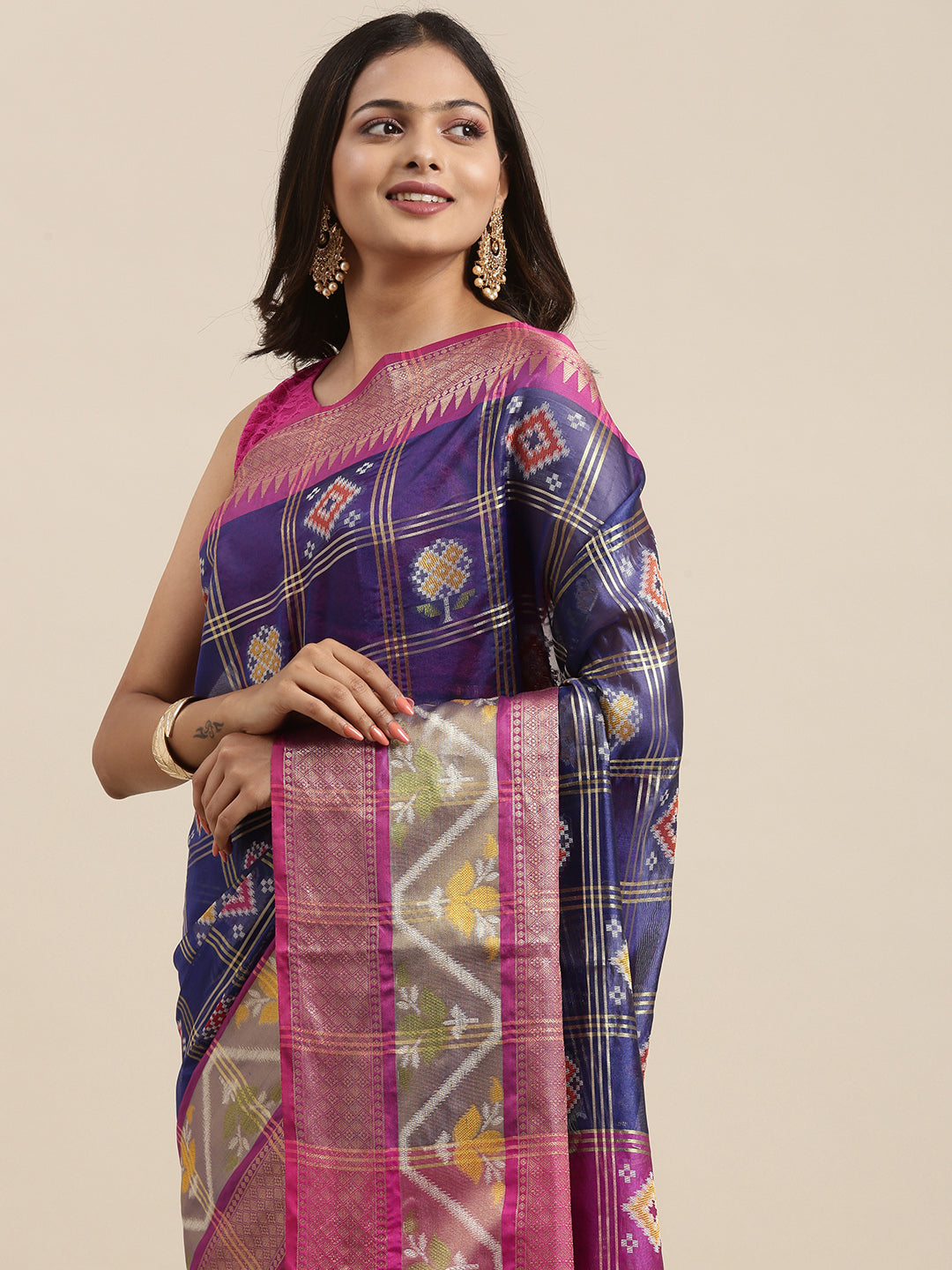Faishana Presents Royal Blue & Magenta Rajkot Patola Art Silk Skirt Pattu Border With Magenta Blouse Banarasi Saree