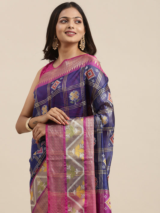 Faishana Presents Royal Blue & Magenta Rajkot Patola Art Silk Skirt Pattu Border With Magenta Blouse Banarasi Saree