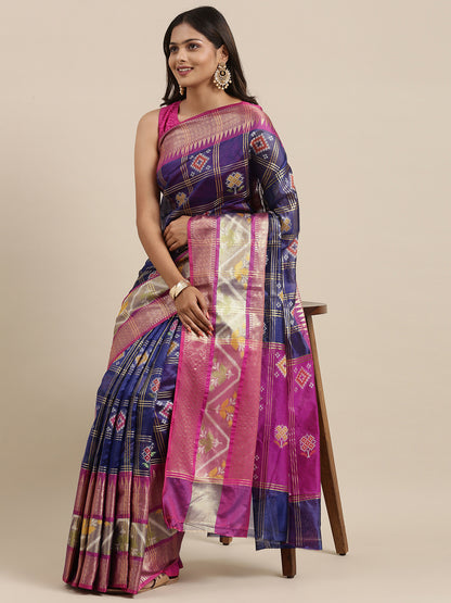 Faishana Presents Royal Blue & Magenta Rajkot Patola Art Silk Skirt Pattu Border With Magenta Blouse Banarasi Saree