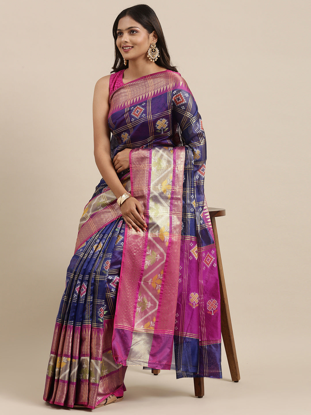Faishana Presents Royal Blue & Magenta Rajkot Patola Art Silk Skirt Pattu Border With Magenta Blouse Banarasi Saree