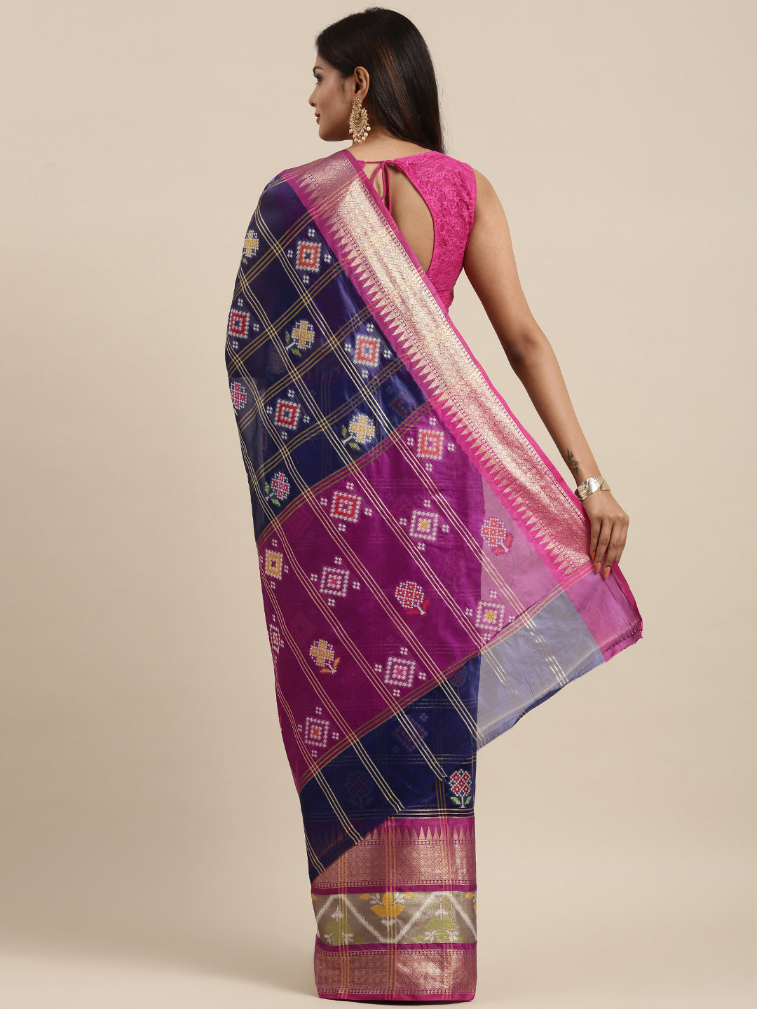 Faishana Presents Royal Blue & Magenta Rajkot Patola Art Silk Skirt Pattu Border With Magenta Blouse Banarasi Saree