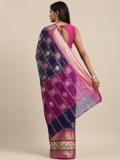 Faishana Presents Royal Blue & Magenta Rajkot Patola Art Silk Skirt Pattu Border With Magenta Blouse Banarasi Saree