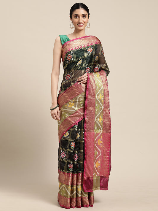 Faishana Presents Black & Magenta Rajkot Patola Art Silk Skirt Pattu Border With Magenta Blouse Banarasi Saree