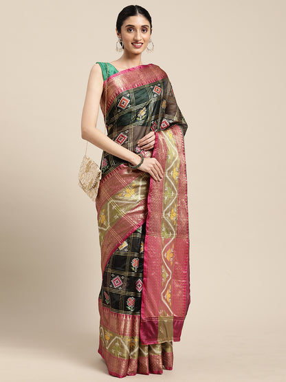 Faishana Presents Black & Magenta Rajkot Patola Art Silk Skirt Pattu Border With Magenta Blouse Banarasi Saree