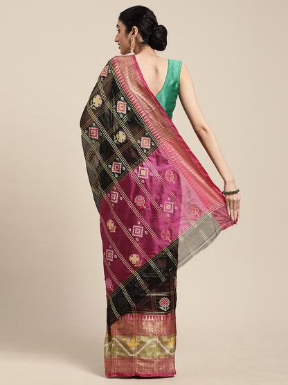 Faishana Presents Black & Magenta Rajkot Patola Art Silk Skirt Pattu Border With Magenta Blouse Banarasi Saree