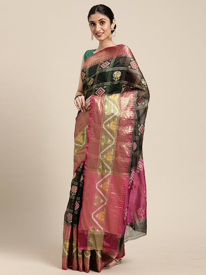Faishana Presents Black & Magenta Rajkot Patola Art Silk Skirt Pattu Border With Magenta Blouse Banarasi Saree
