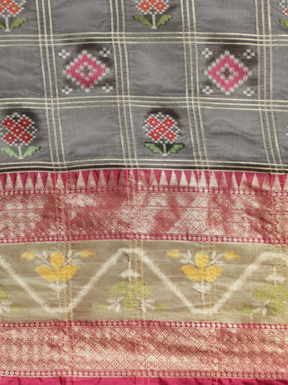 Faishana Presents Black & Magenta Rajkot Patola Art Silk Skirt Pattu Border With Magenta Blouse Banarasi Saree