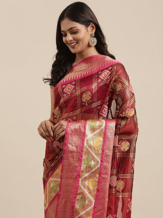 Faishana Presents Maroon & Pink Rajkot Patola Art Silk Skirt Ikkat Pattu Border With Pink Blouse Banarasi Saree