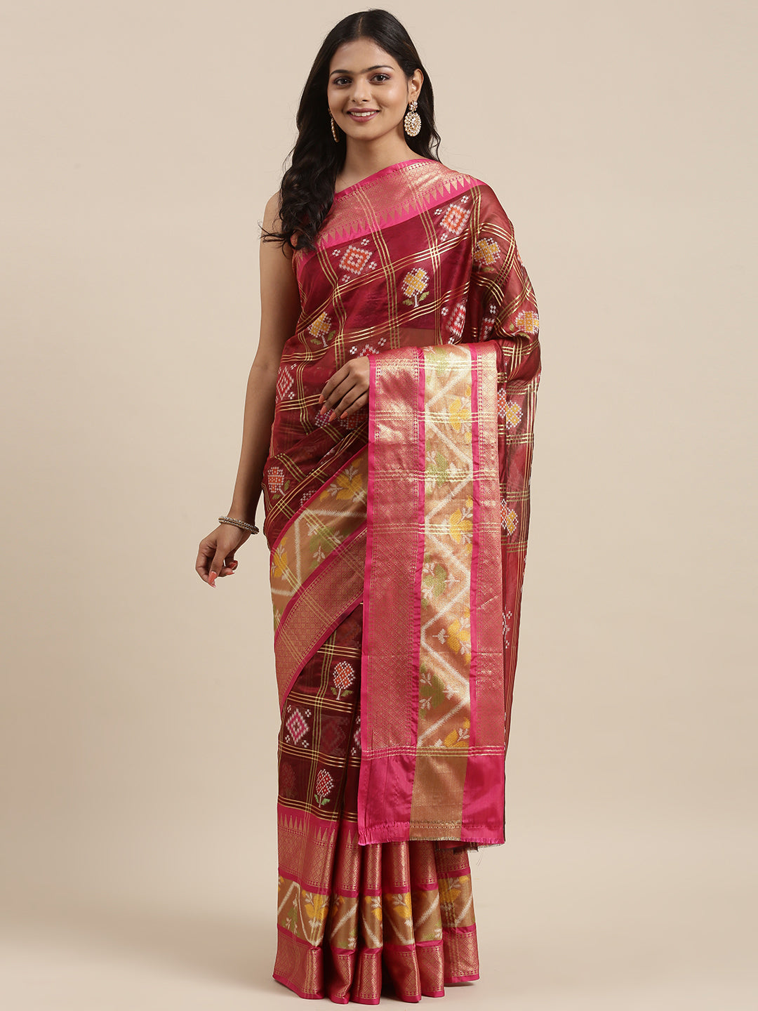 Faishana Presents Maroon & Pink Rajkot Patola Art Silk Skirt Ikkat Pattu Border With Pink Blouse Banarasi Saree