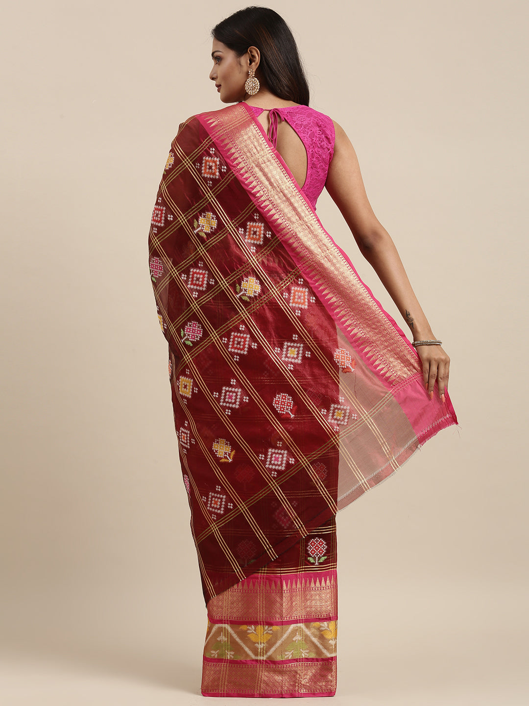 Faishana Presents Maroon & Pink Rajkot Patola Art Silk Skirt Ikkat Pattu Border With Pink Blouse Banarasi Saree