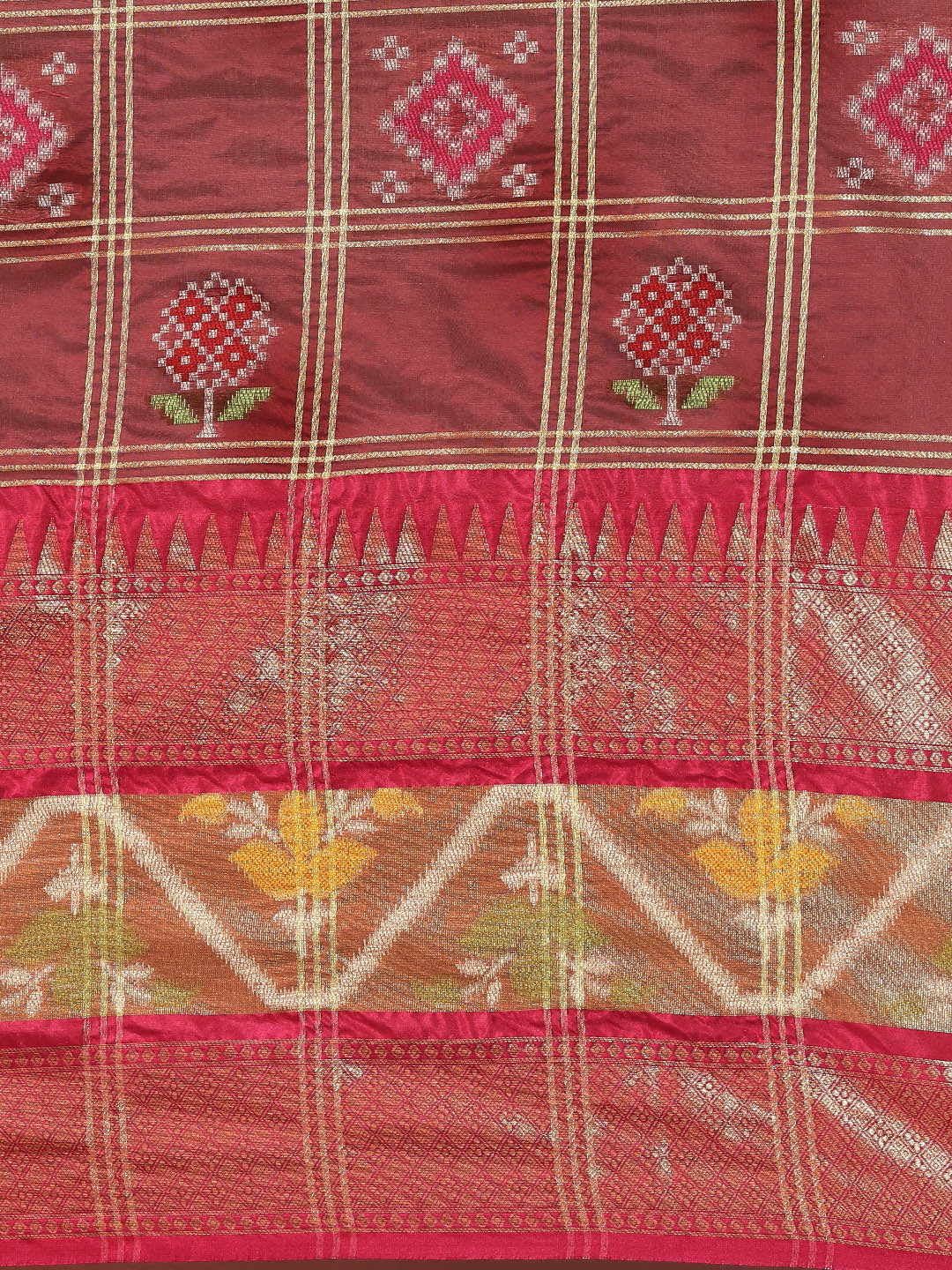 Faishana Presents Maroon & Pink Rajkot Patola Art Silk Skirt Ikkat Pattu Border With Pink Blouse Banarasi Saree