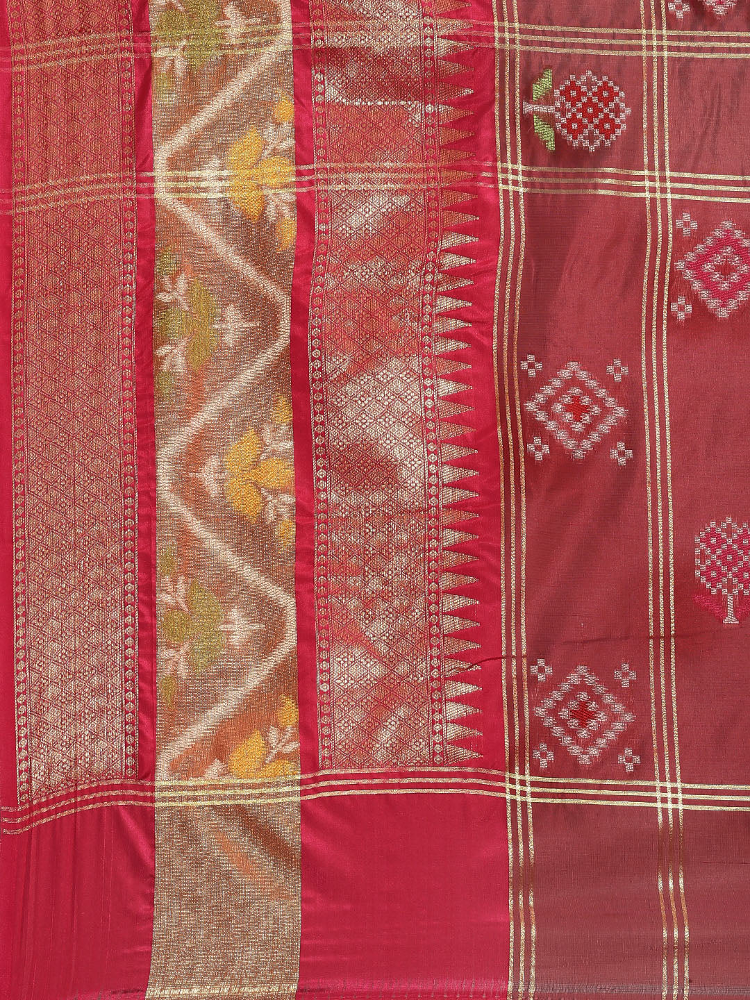 Faishana Presents Maroon & Pink Rajkot Patola Art Silk Skirt Ikkat Pattu Border With Pink Blouse Banarasi Saree