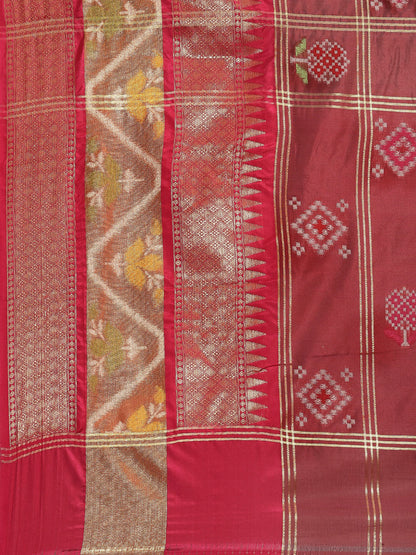 Faishana Presents Maroon & Pink Rajkot Patola Art Silk Skirt Ikkat Pattu Border With Pink Blouse Banarasi Saree