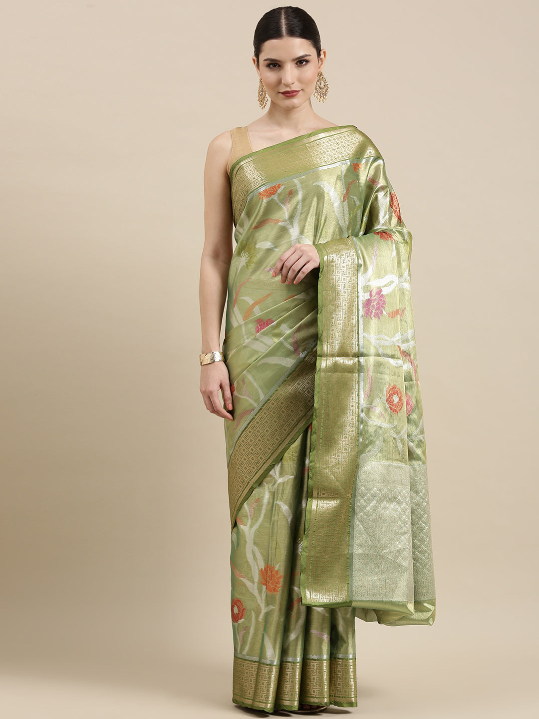 Faishana Presents Pistachio & Green Tissue Meena Jaal Border With Green Blouse Banarasi Saree