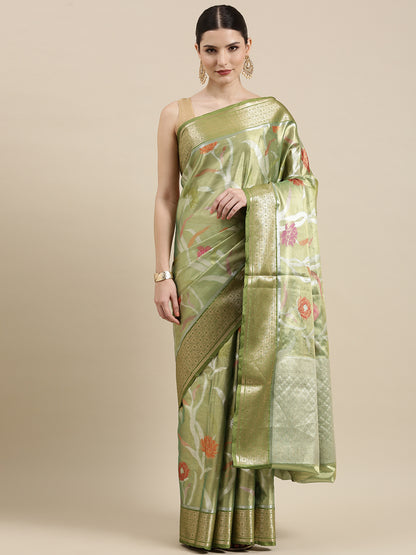Faishana Presents Pistachio & Green Tissue Meena Jaal Border With Green Blouse Banarasi Saree