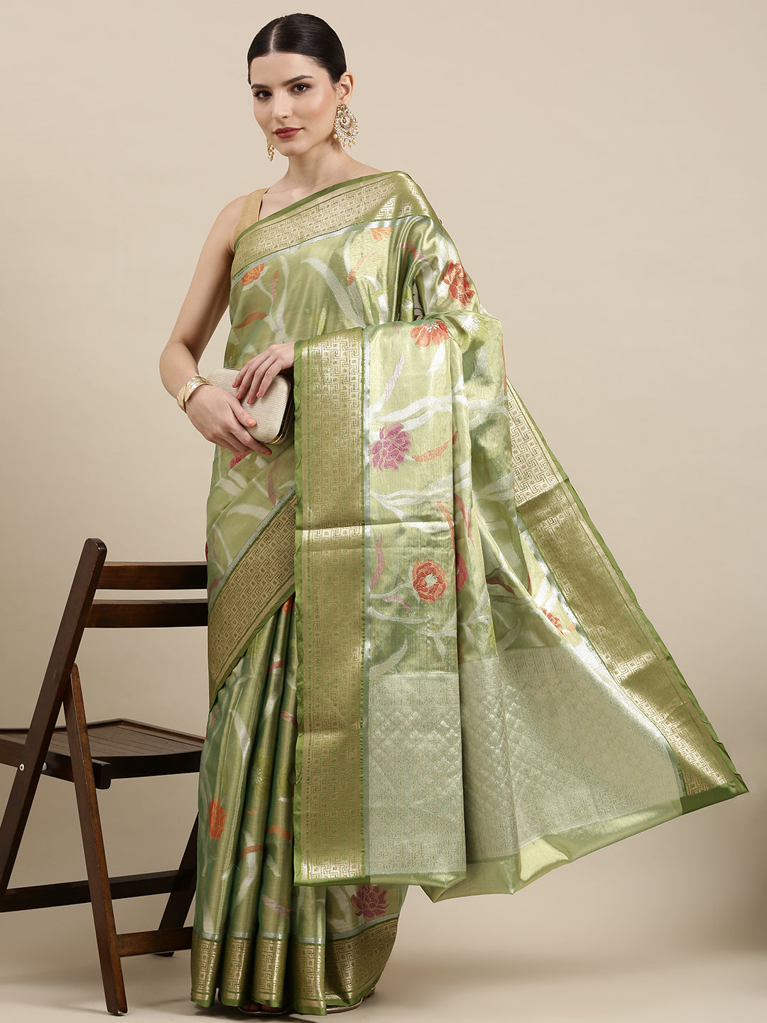Faishana Presents Pistachio & Green Tissue Meena Jaal Border With Green Blouse Banarasi Saree