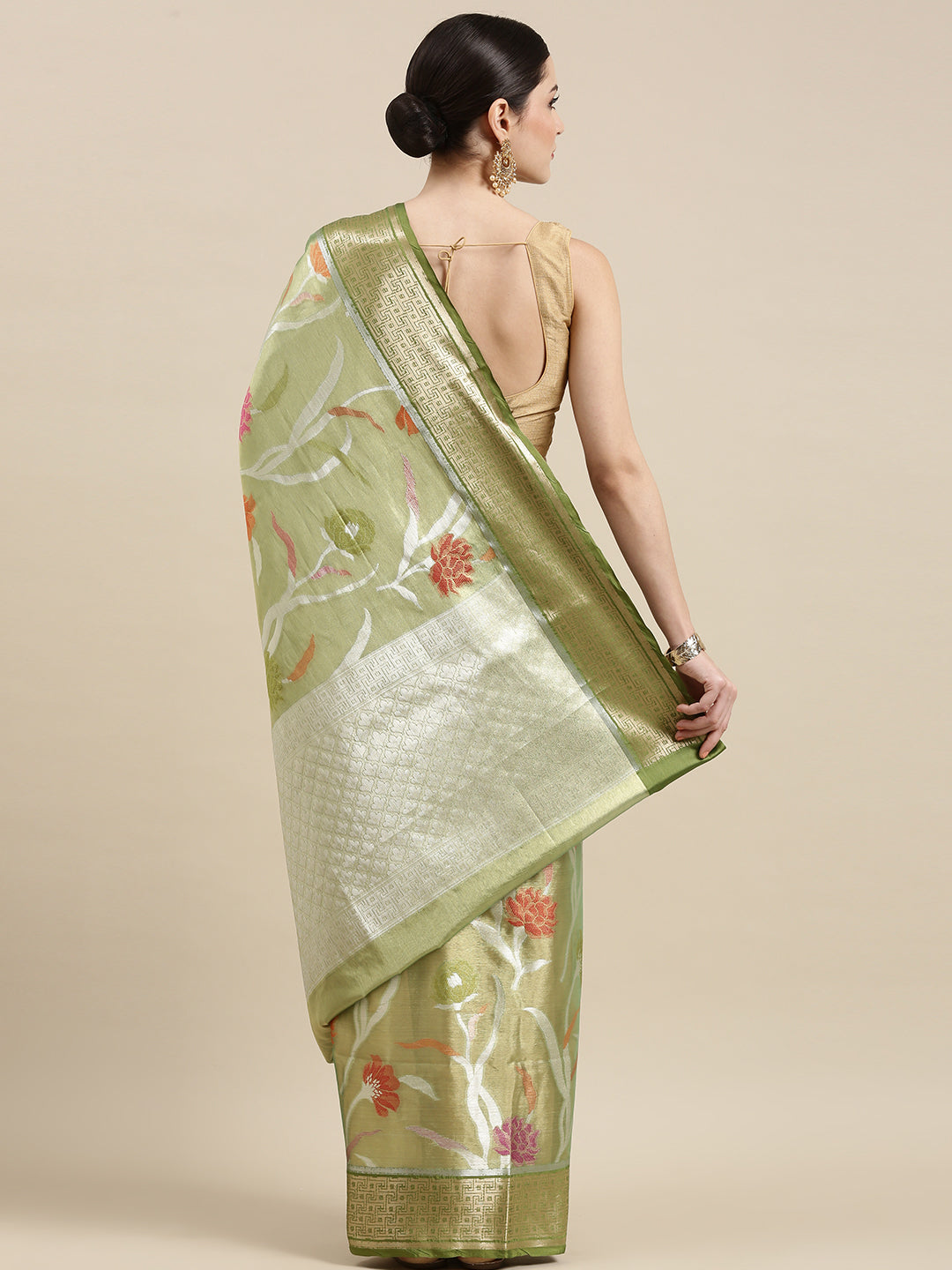 Faishana Presents Pistachio & Green Tissue Meena Jaal Border With Green Blouse Banarasi Saree