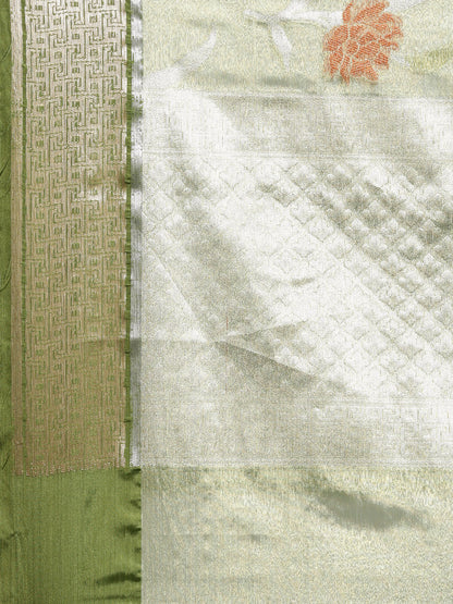Faishana Presents Pistachio & Green Tissue Meena Jaal Border With Green Blouse Banarasi Saree
