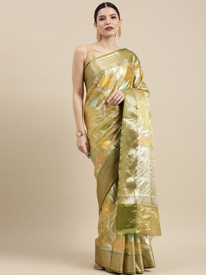 Faishana Presents Lemon & Green Tissue Meena Jaal Border With Green Blouse Banarasi Saree
