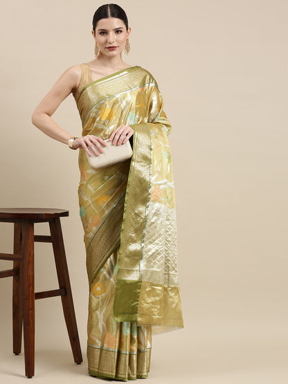 Faishana Presents Lemon & Green Tissue Meena Jaal Border With Green Blouse Banarasi Saree