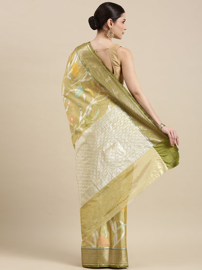 Faishana Presents Lemon & Green Tissue Meena Jaal Border With Green Blouse Banarasi Saree