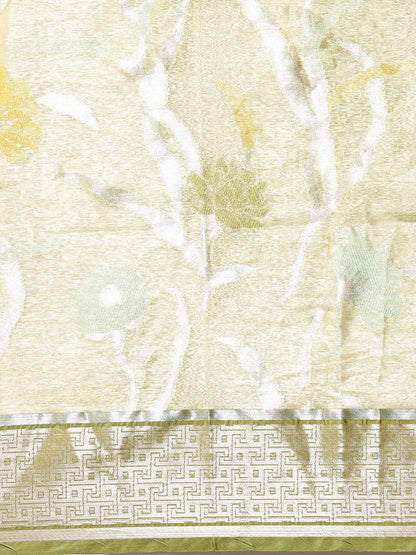 Faishana Presents Lemon & Green Tissue Meena Jaal Border With Green Blouse Banarasi Saree