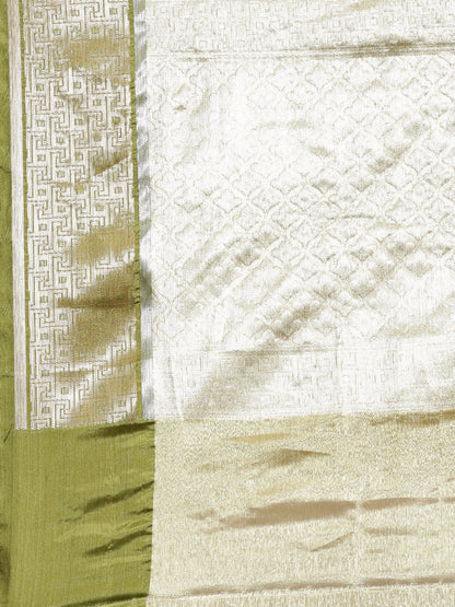 Faishana Presents Lemon & Green Tissue Meena Jaal Border With Green Blouse Banarasi Saree