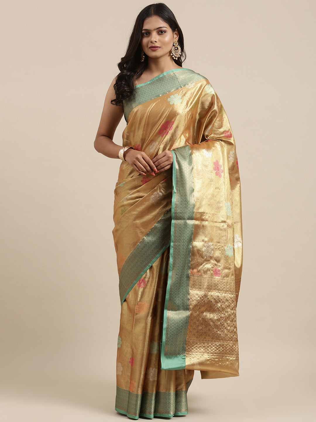 Faishana Presents Antique Gold & Seagreen Tissue Meena Jaal Border With Gold Blouse Banarasi Saree