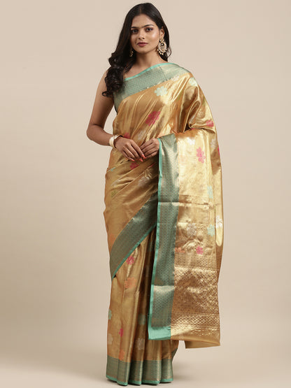 Faishana Presents Antique Gold & Seagreen Tissue Meena Jaal Border With Gold Blouse Banarasi Saree