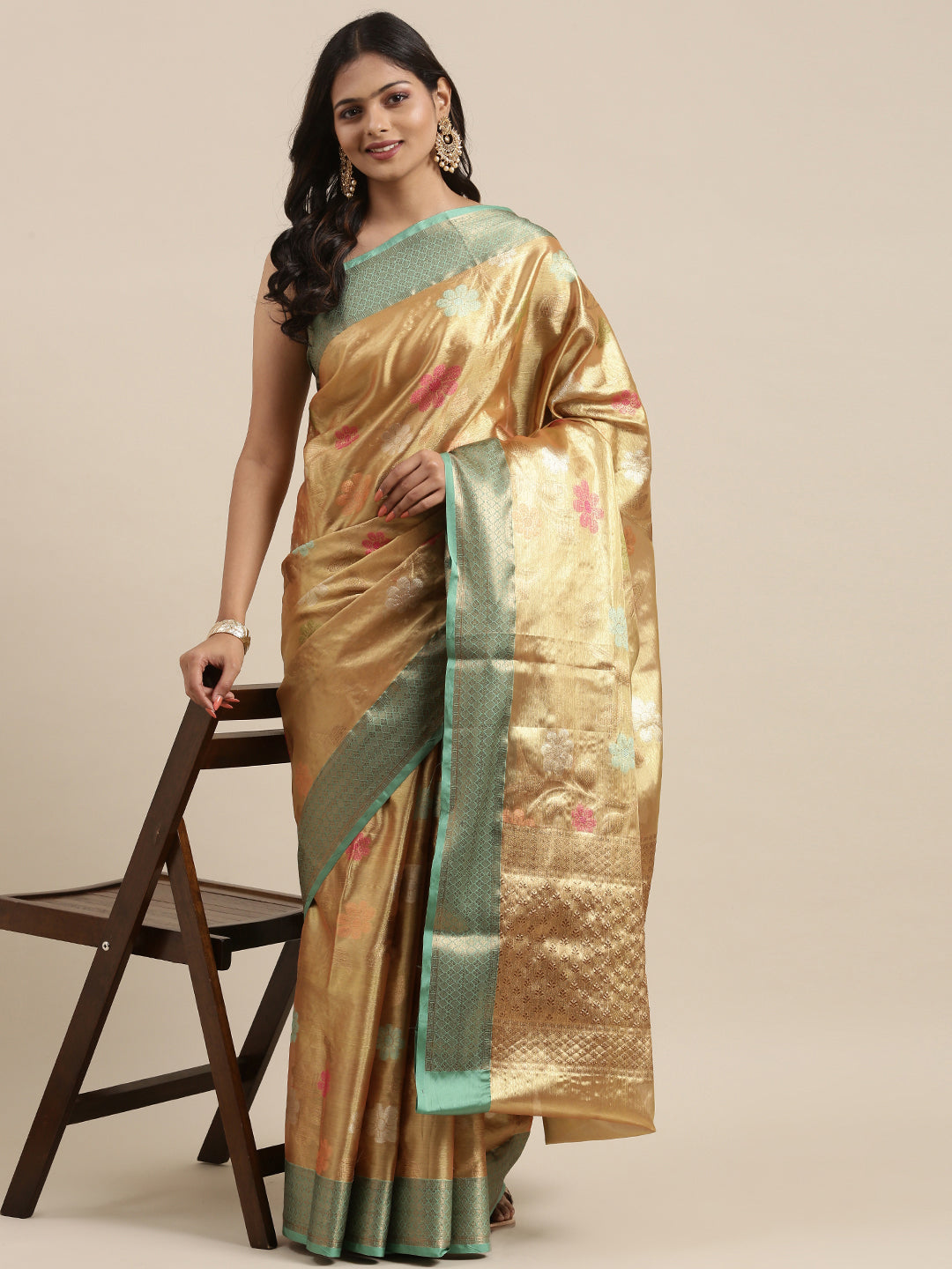 Faishana Presents Antique Gold & Seagreen Tissue Meena Jaal Border With Gold Blouse Banarasi Saree