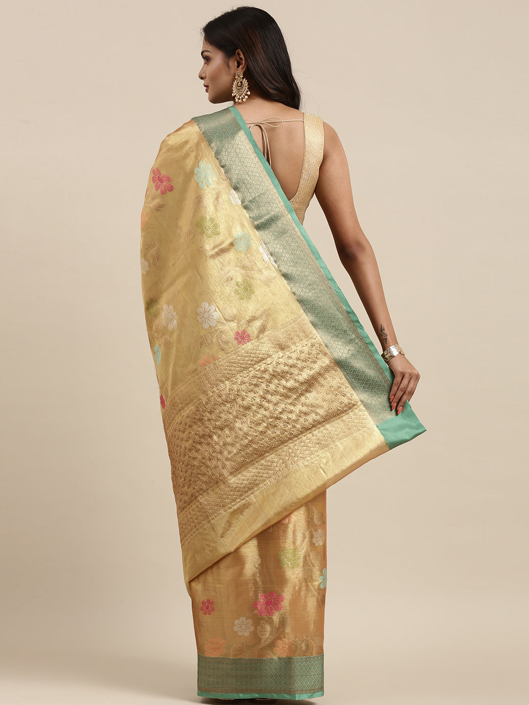 Faishana Presents Antique Gold & Seagreen Tissue Meena Jaal Border With Gold Blouse Banarasi Saree