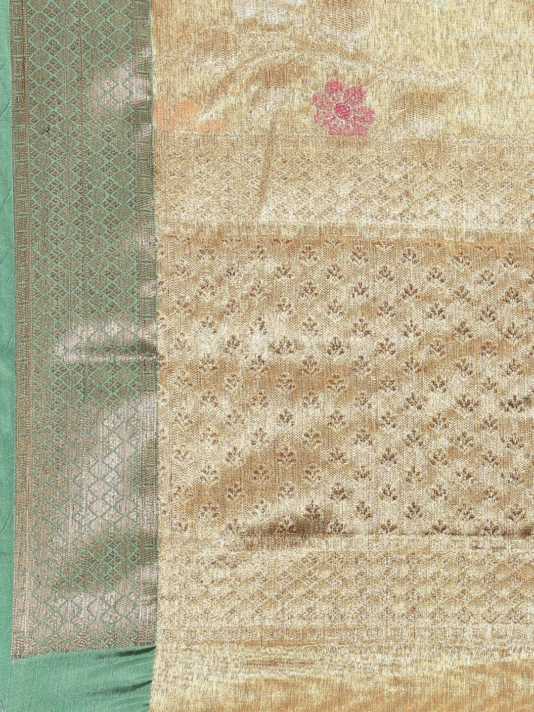 Faishana Presents Antique Gold & Seagreen Tissue Meena Jaal Border With Gold Blouse Banarasi Saree