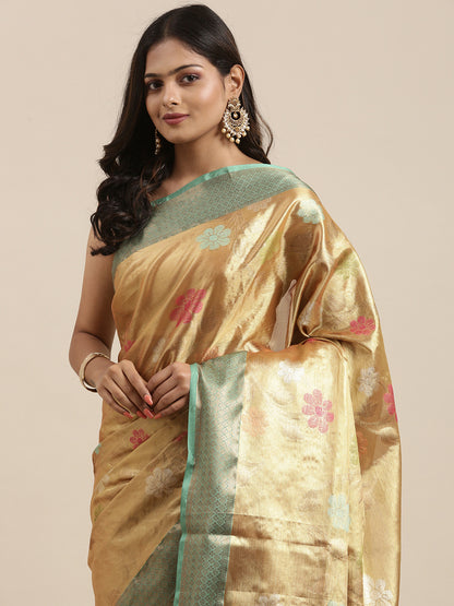 Faishana Presents Antique Gold & Seagreen Tissue Meena Jaal Border With Gold Blouse Banarasi Saree