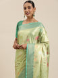 Faishana Presents Pistachio Gold & Seagreen Tissue Meena Jaal Border With Sea green Blouse Banarasi Saree