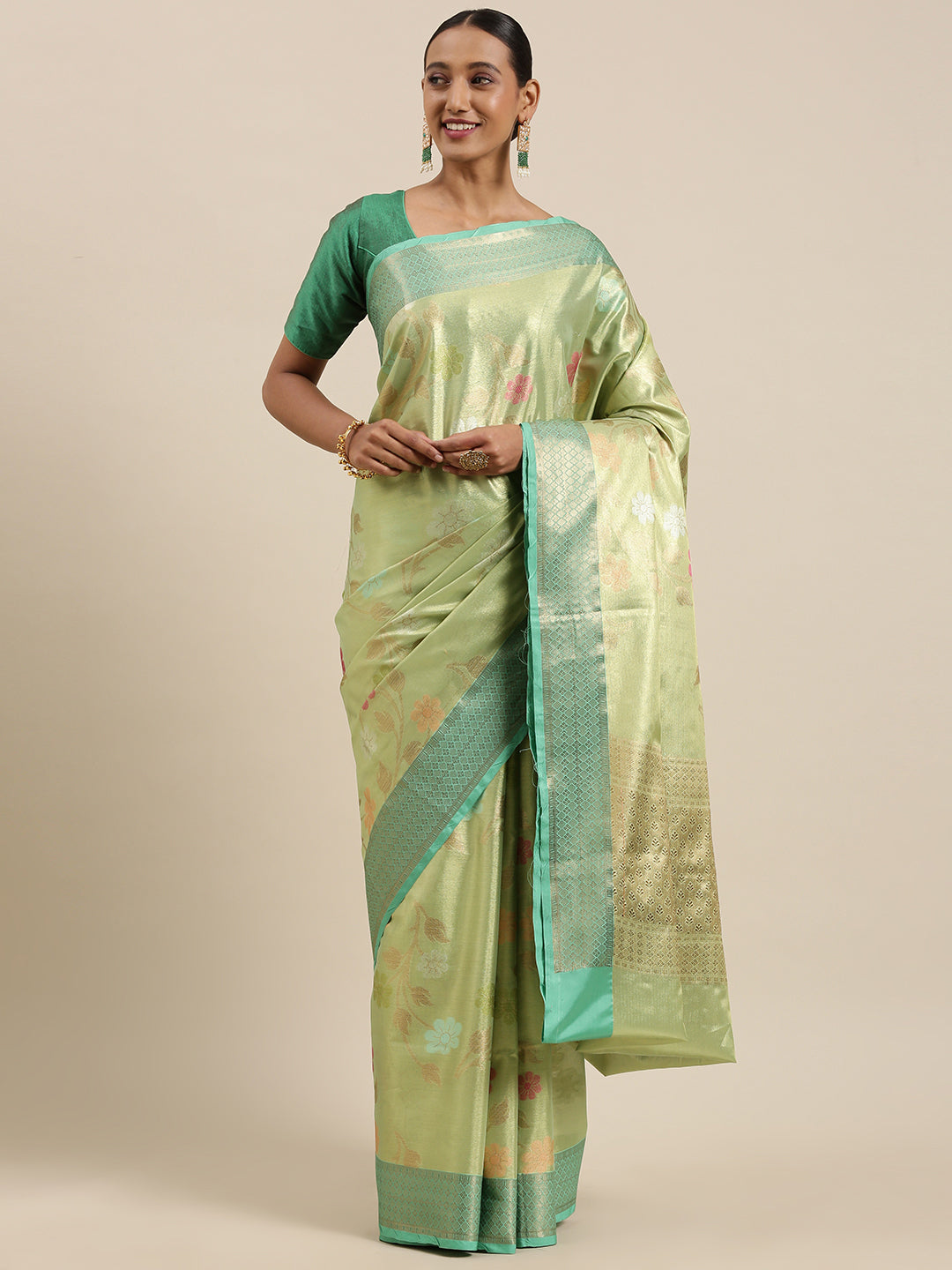 Faishana Presents Pistachio Gold & Seagreen Tissue Meena Jaal Border With Sea green Blouse Banarasi Saree