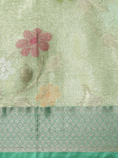 Faishana Presents Pistachio Gold & Seagreen Tissue Meena Jaal Border With Sea green Blouse Banarasi Saree