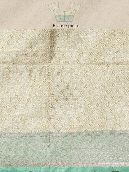 Faishana Presents Pistachio Gold & Seagreen Tissue Meena Jaal Border With Sea green Blouse Banarasi Saree
