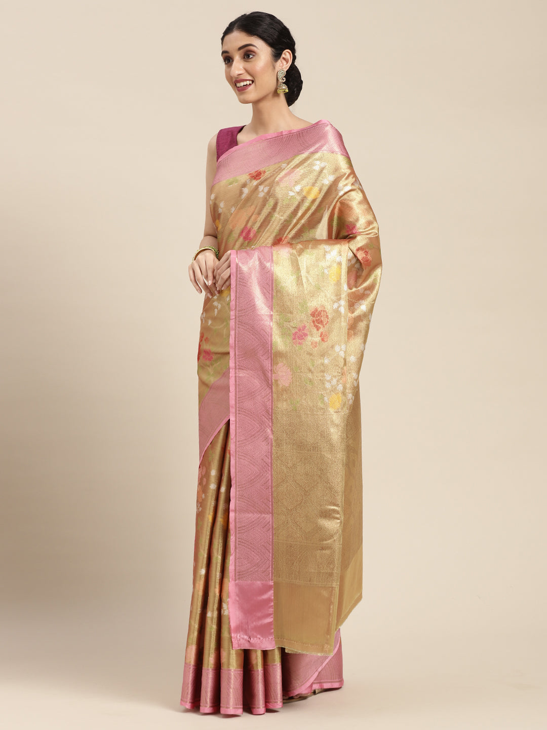 Faishana Presents Antique Gold & Pink Tilfi Jamdani Jaal Border With Gold Blouse Banarasi Saree