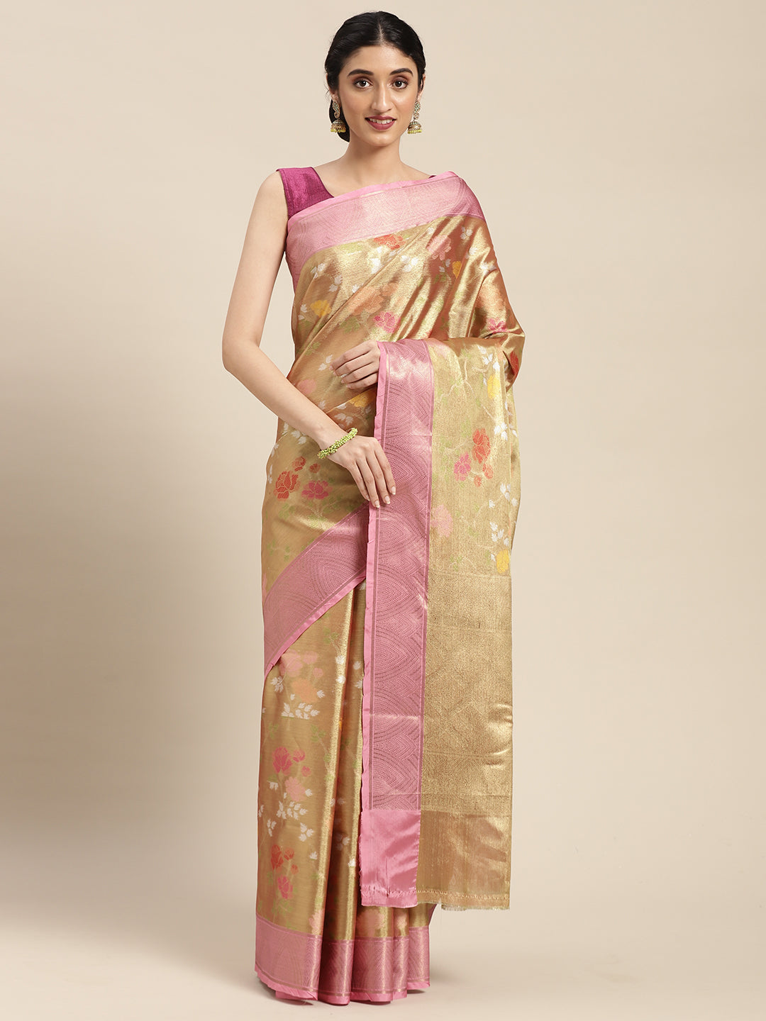 Faishana Presents Antique Gold & Pink Tilfi Jamdani Jaal Border With Gold Blouse Banarasi Saree