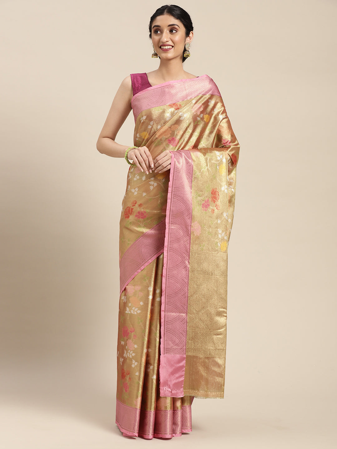 Faishana Presents Antique Gold & Pink Tilfi Jamdani Jaal Border With Gold Blouse Banarasi Saree