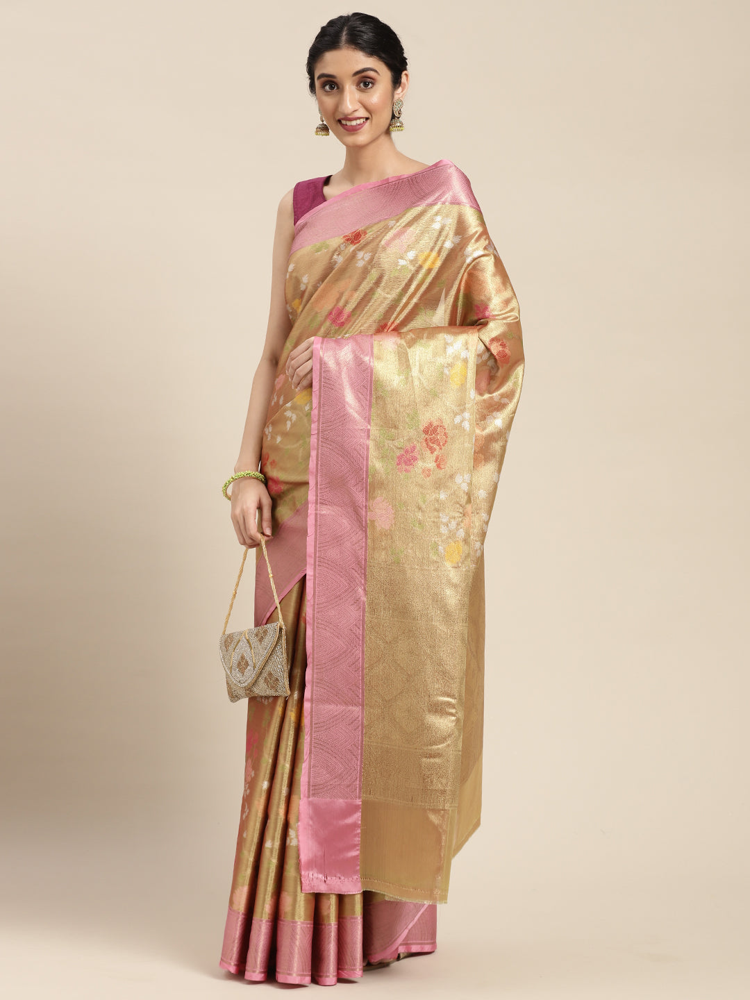 Faishana Presents Antique Gold & Pink Tilfi Jamdani Jaal Border With Gold Blouse Banarasi Saree