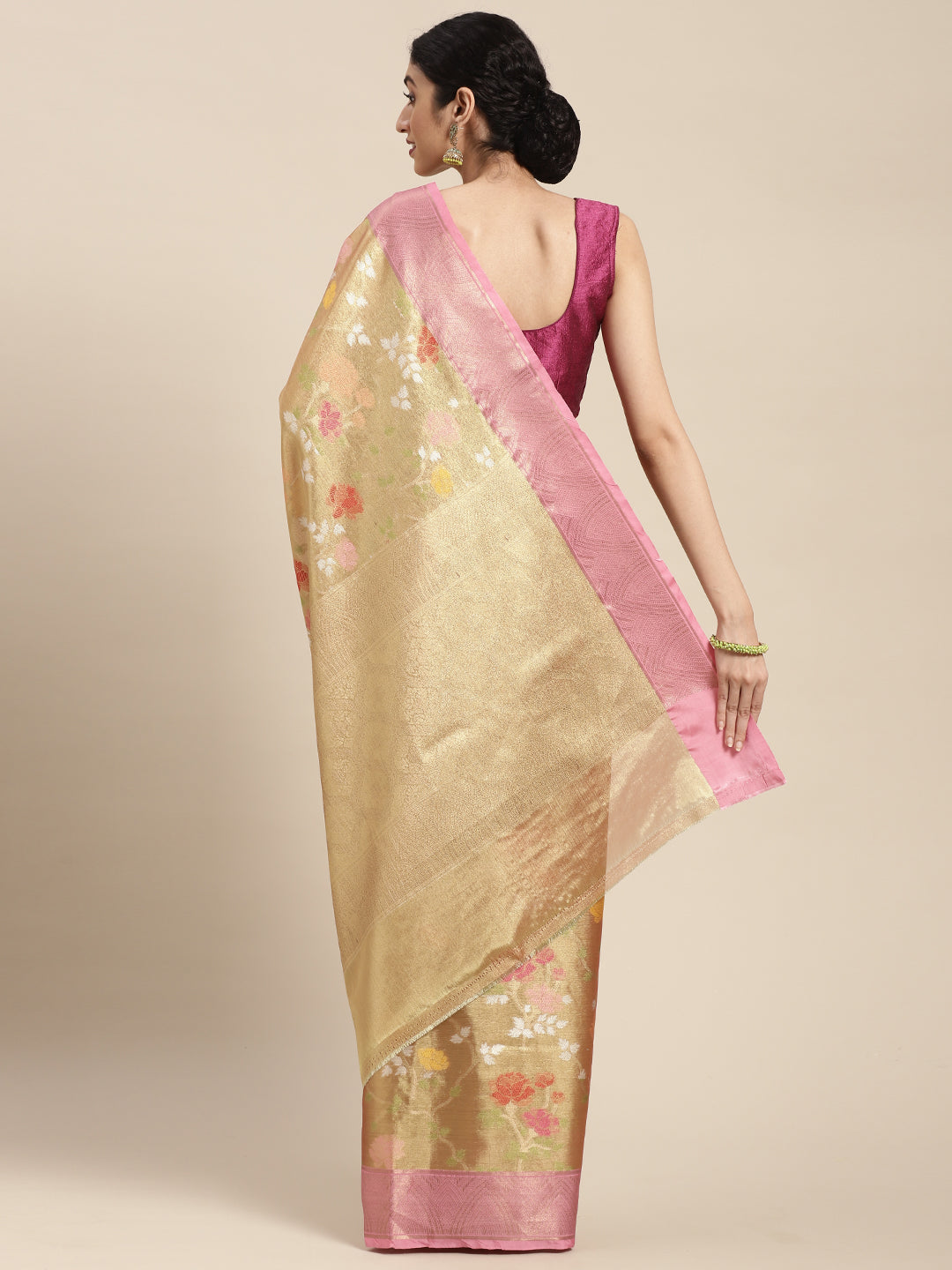 Faishana Presents Antique Gold & Pink Tilfi Jamdani Jaal Border With Gold Blouse Banarasi Saree