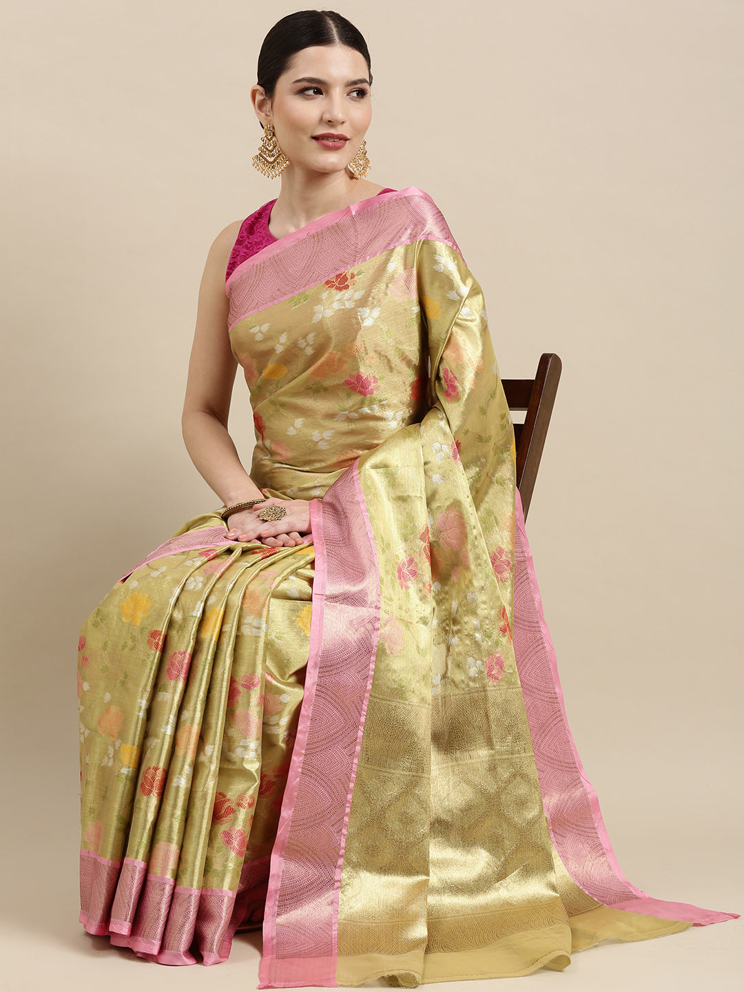 Faishana Presents Pure Gold & Pink Tilfi Jamdani Jaal Border With Gold Blouse Banarasi Saree