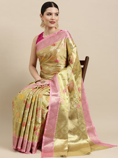 Faishana Presents Pure Gold & Pink Tilfi Jamdani Jaal Border With Gold Blouse Banarasi Saree